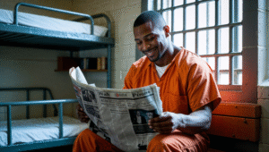 Incarcerated man in orange uniforms reading a newspaper together inside a correctional facility reading mailcall newspaper