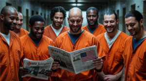 Group of men in prison uniforms standing together and reading a mailcall newspaper
