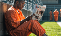 Incarcerated man sitting outdoors and reading the Mailcall newspaper inside a correctional facility