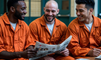 Incarcerated men reading the Mailcall newspaper together inside a correctional facility