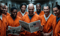 Group of men in prison uniforms standing together and reading a mailcall newspaper