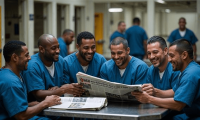 Incarcerated men in orange uniforms reading a mailcall newspaper together inside a correctional facility